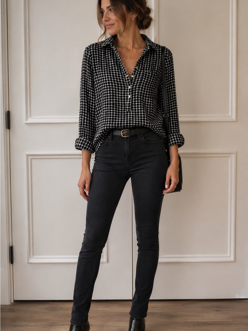 beachlunchlounge Black & White Checked Button-Down Blouse